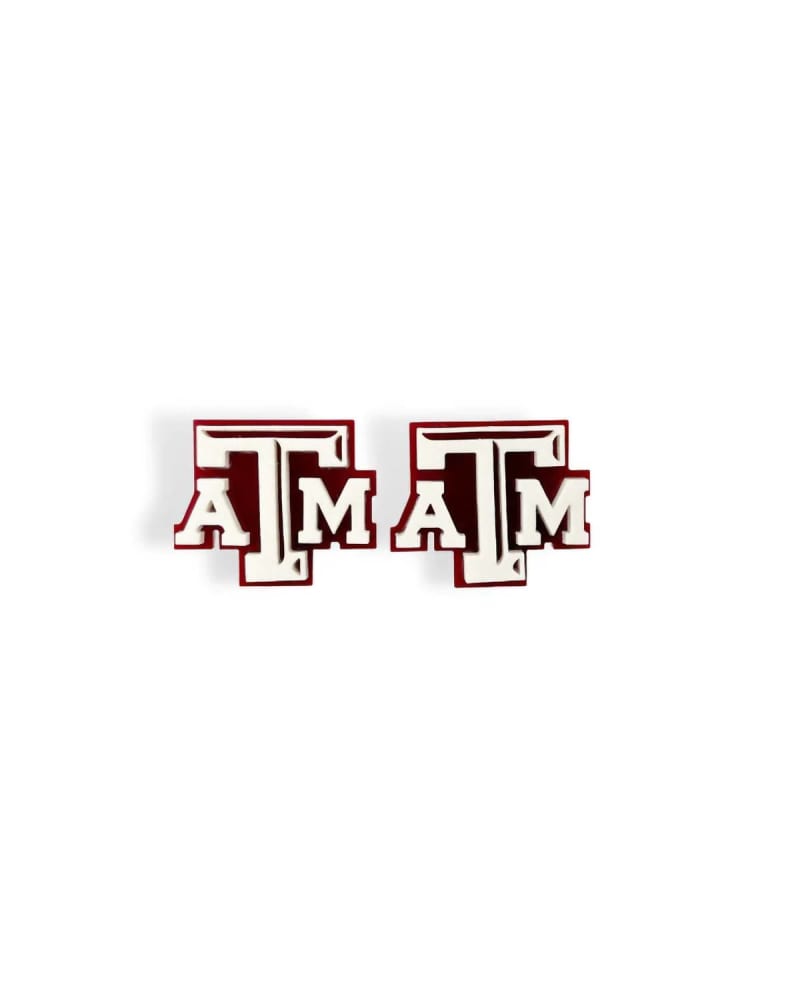Front of a size One Size Texas A&M Logo Studs in White And Maroon Acrylic in White And Maroon Acrylic by Brianna Cannon. | dia_product_style_image_id:331553